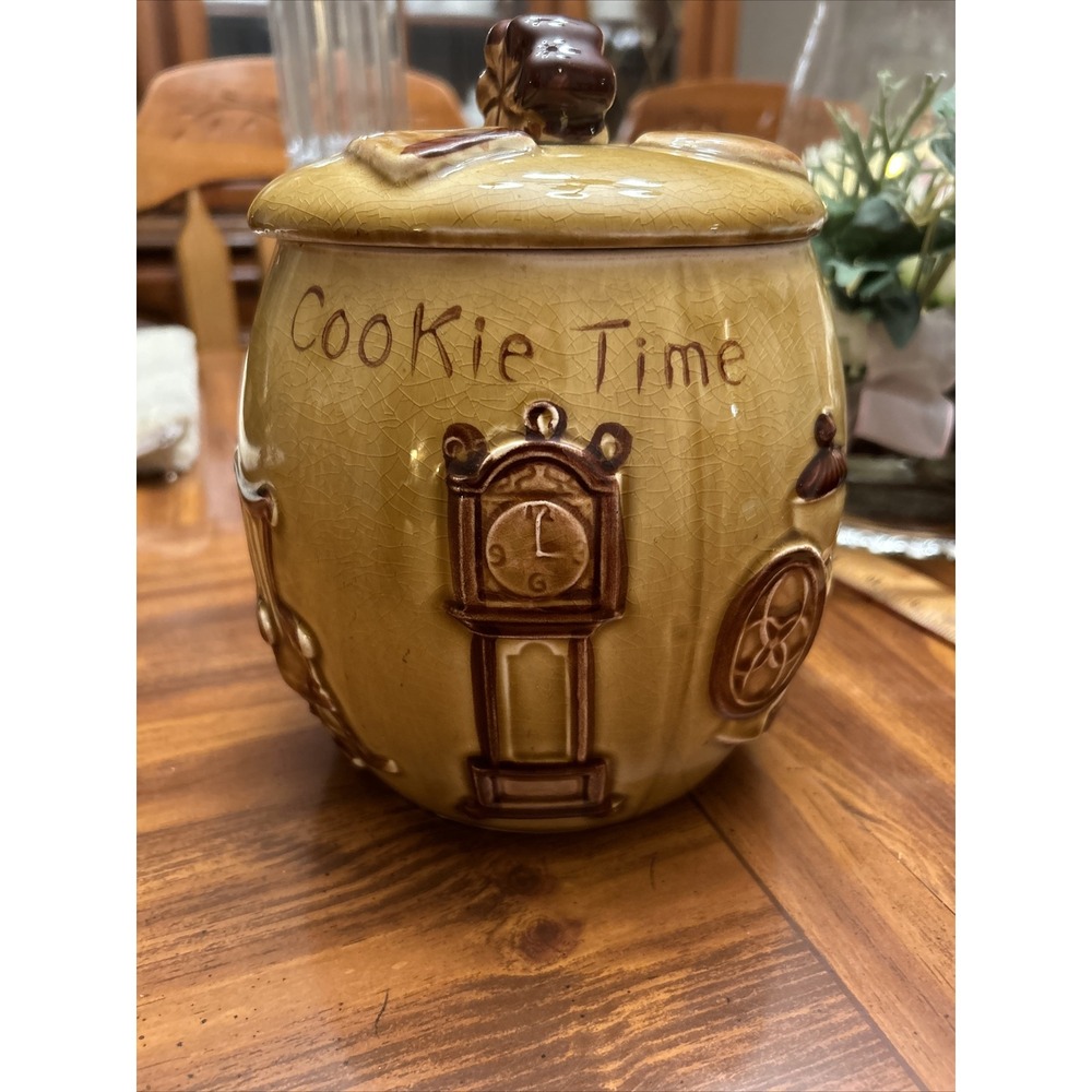 Vintage Pottery Cookie Jar grandfather Clock Rocking Chair Amber lid brown